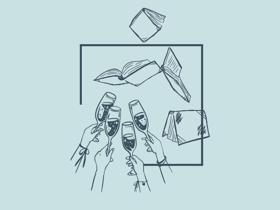 Illustration af hænder, der skåler med champagneglas under flyvende bøger.